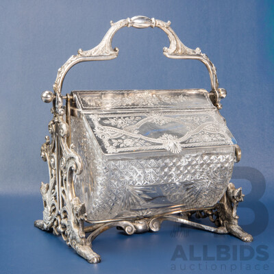 Victorian Silver Plate and Cut-Glass Tilting Biscuit Barrel