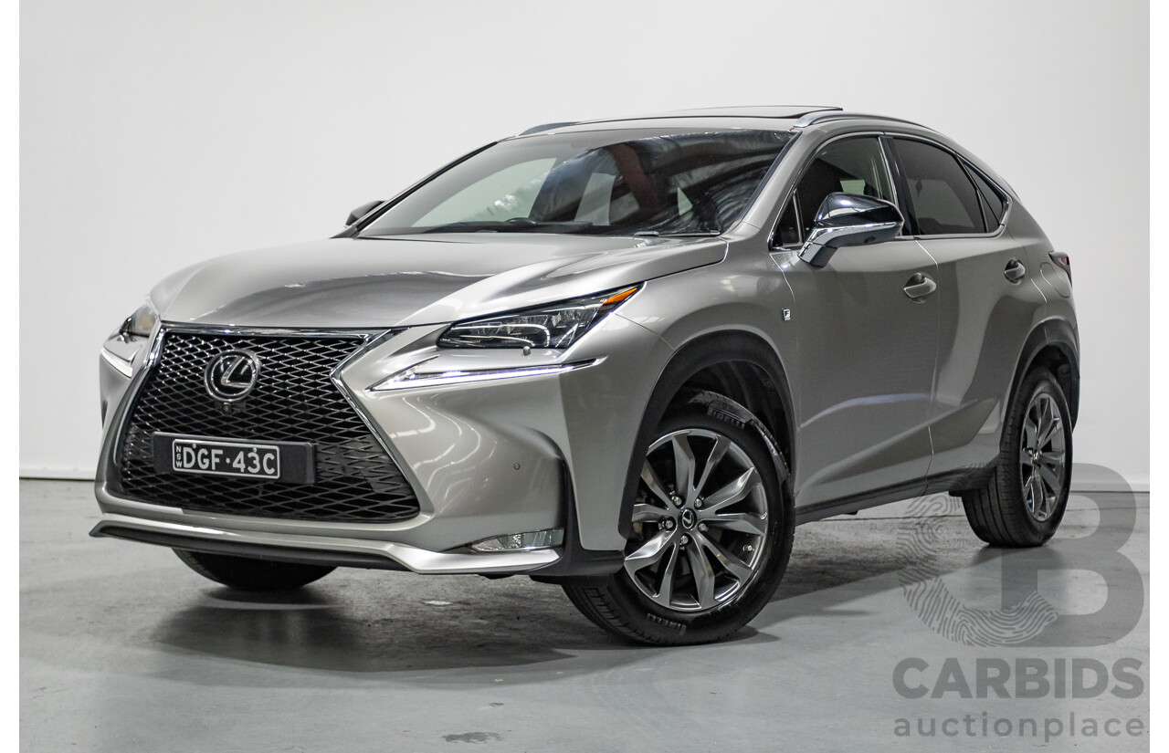 08/2016 Lexus NX 200t F Sport (AWD) AGZ15R 4D Wagon Sonic Titanium Metallic Turbo 2.0L