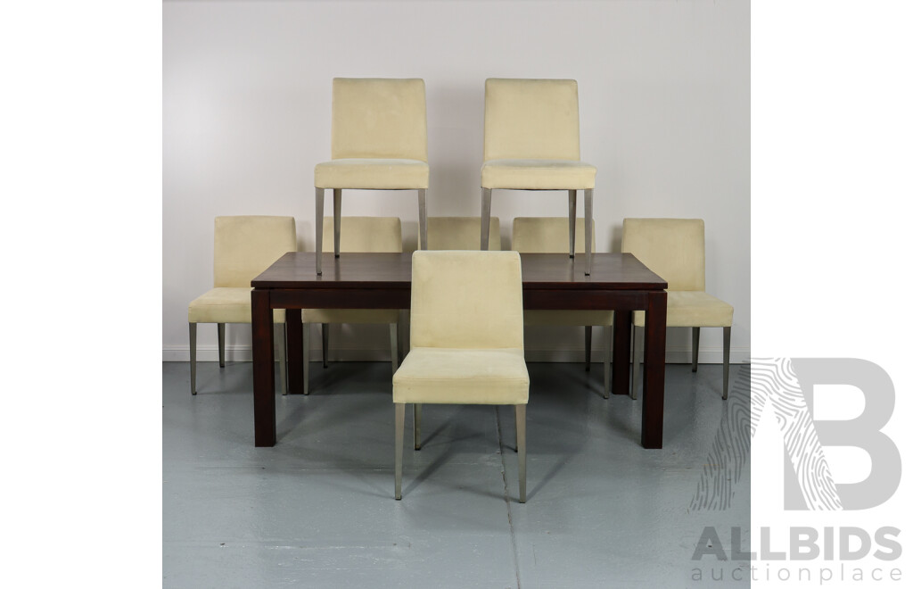 Modern Timber Dining Table with Eight Suede Upholstered Chairs
