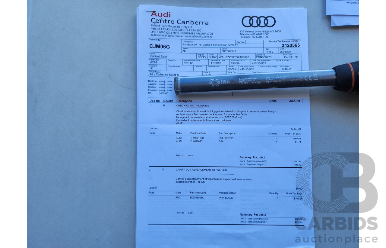 01/2013 Audi A4 2.0 TFSI Quattro B8 (8K) MY13 4d Sedan Black 2.0L