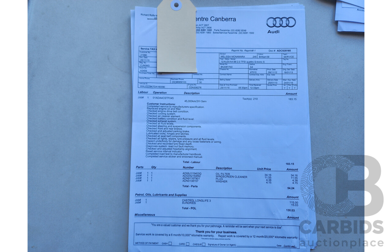 01/2013 Audi A4 2.0 TFSI Quattro B8 (8K) MY13 4d Sedan Black 2.0L