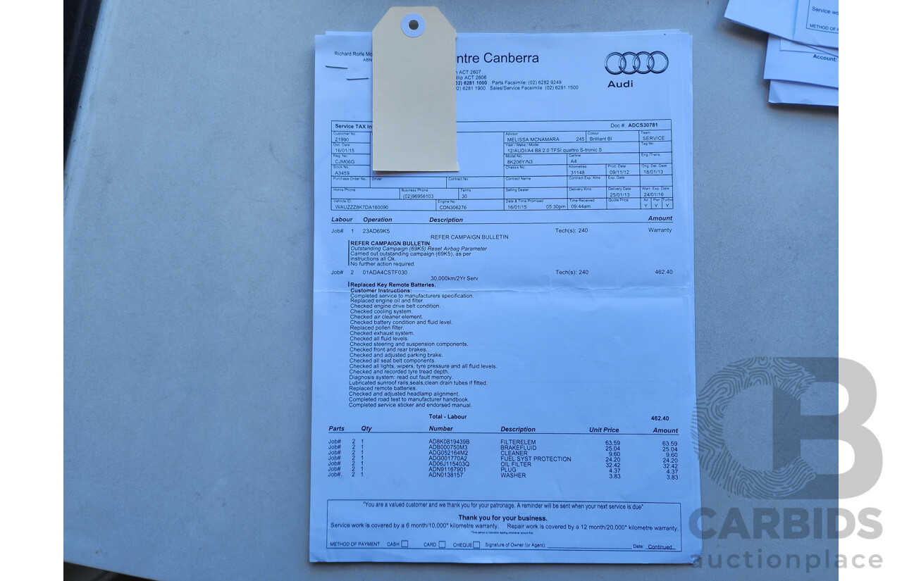 01/2013 Audi A4 2.0 TFSI Quattro B8 (8K) MY13 4d Sedan Black 2.0L