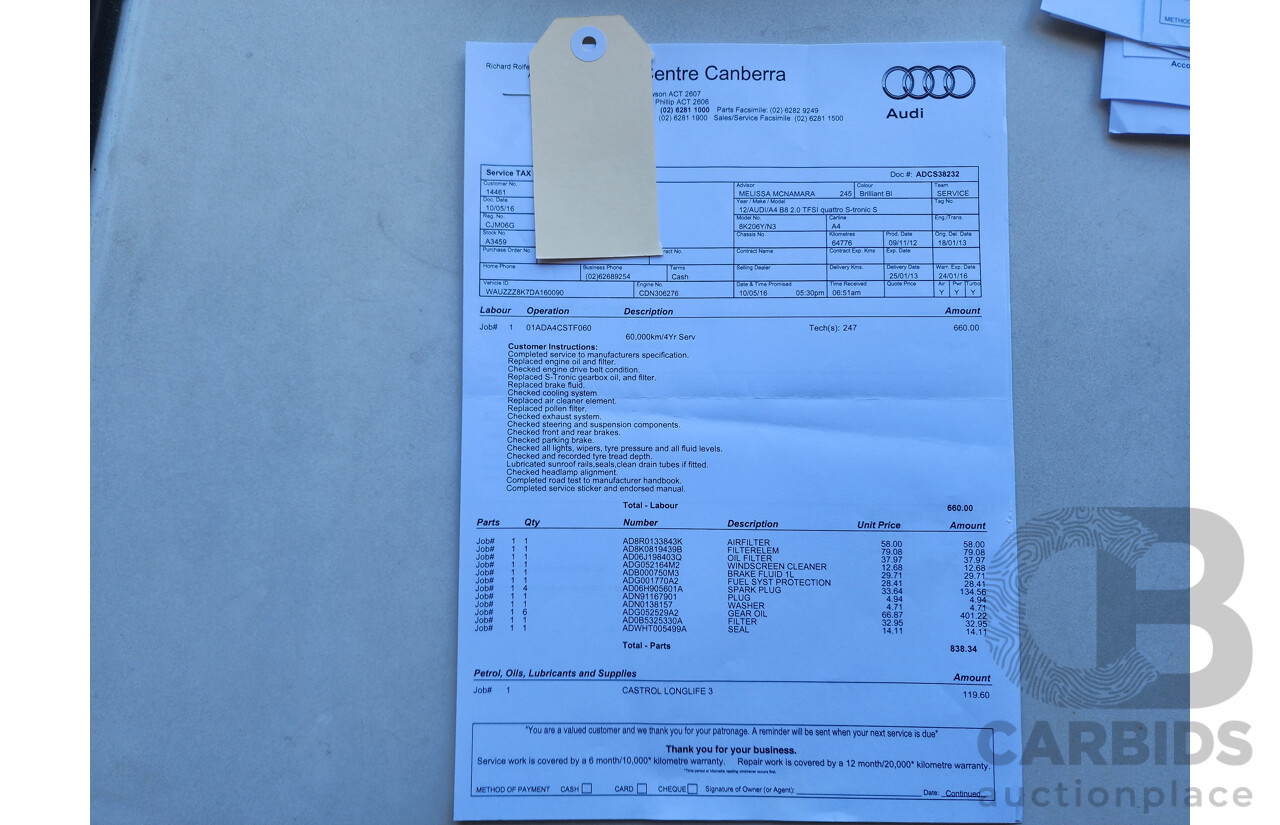 01/2013 Audi A4 2.0 TFSI Quattro B8 (8K) MY13 4d Sedan Black 2.0L