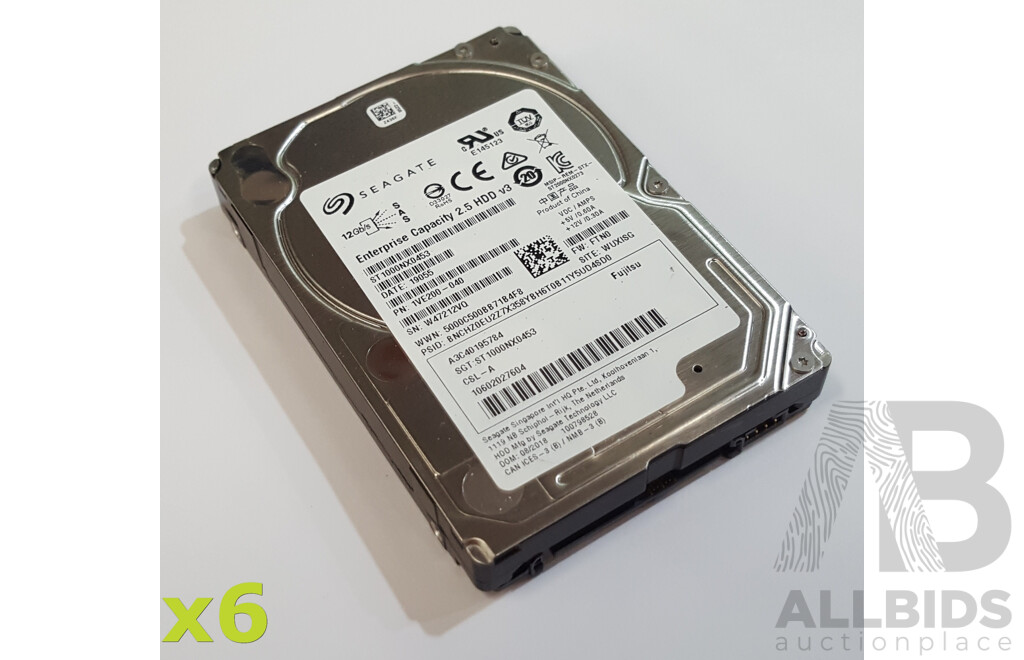 Seagate (ST1000NX0453) 1TB SAS 12Gbps 2.5-Inch Hard Drive - Lot of Six