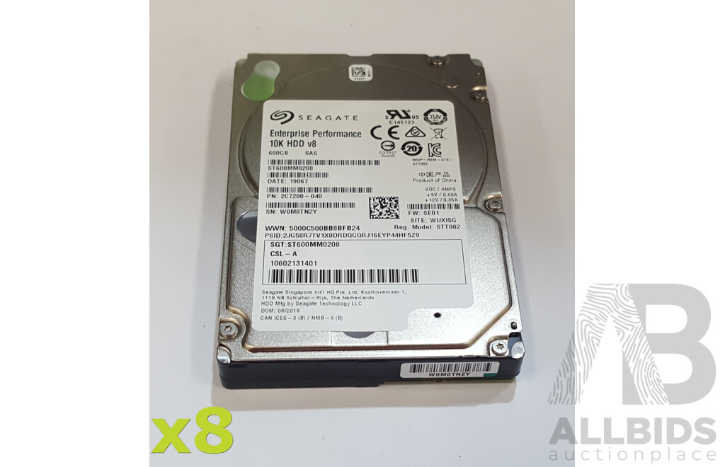 Seagate (ST600MM0208) Enterprise Performance 600GB 10K SAS 12Gbps 2.5-Inch Hard Drive - Lot of Eight