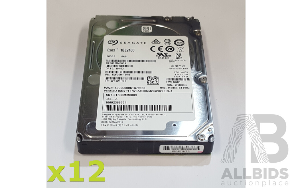 Seagate (ST600MM0009) Exos 10E2400 600GB 10K SAS 12Gbps 2.5-Inch Hard Drive - Lot of 12
