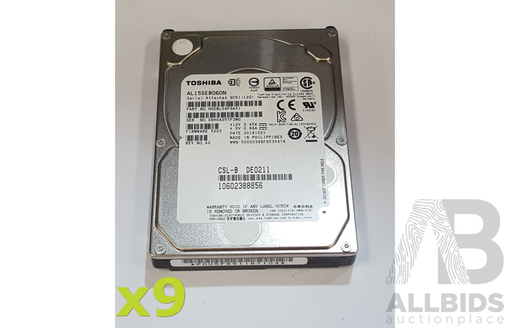 Toshiba (AL15SEB060N) 600GB 10K SAS 12Gbps 2.5-Inch Hard Drive - Lot of Nine