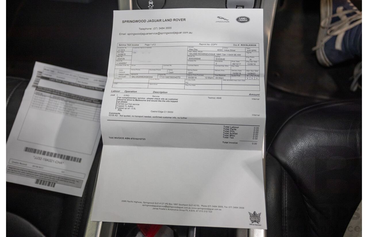1/2018 Range Rover Evoque TD4 SE (AWD) LV MY18 5d Wagon Rhodium Silver Metallic Turbo Diesel 2.0L