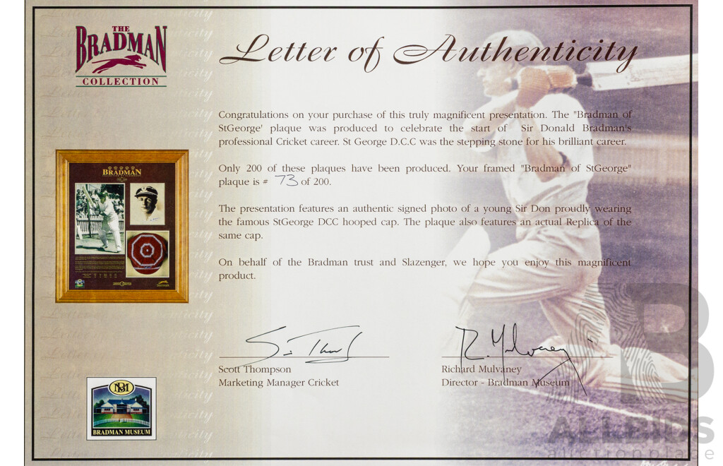 Limited Edition Sir Donald Bradman St George DCC Cap Presentation, No. 73/200