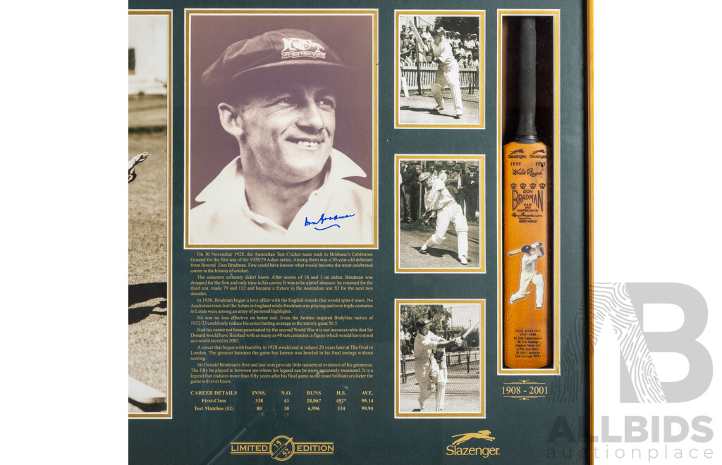 Framed Sir Donald Bradman Signed Photo Montage with Mounted Mini Bat