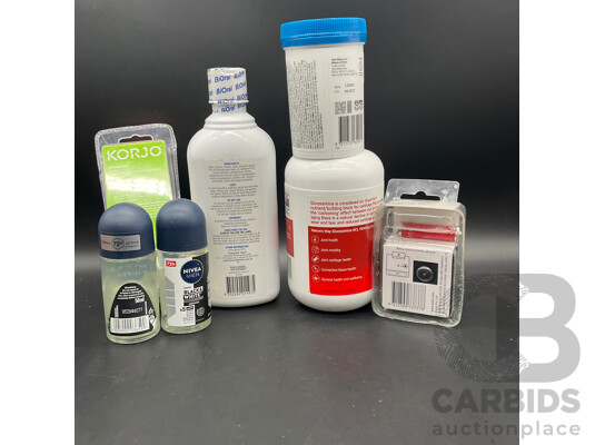 NATURE,S WAY Glucosamine HCL 1500MG 200Tablets , SWISSE MENS 50+ Multivitamin 90tablets , NIVEA MEN , BIORAL Mouthwash , KORJO Adaptor Set , KORJO Analogue Alarm Clock Lot of 7