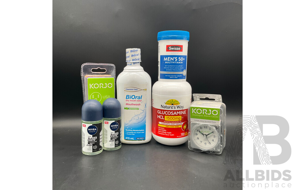 NATURE,S WAY Glucosamine HCL 1500MG 200Tablets , SWISSE MENS 50+ Multivitamin 90tablets , NIVEA MEN , BIORAL Mouthwash , KORJO Adaptor Set , KORJO Analogue Alarm Clock Lot of 7