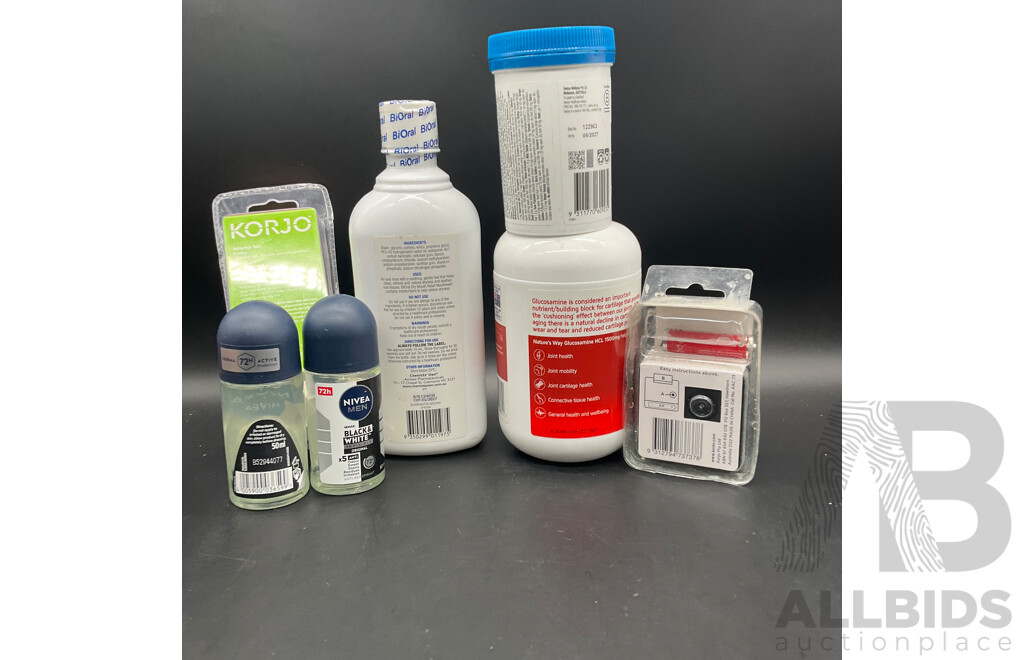 NATURE,S WAY Glucosamine HCL 1500MG 200Tablets , SWISSE MENS 50+ Multivitamin 90tablets , NIVEA MEN , BIORAL Mouthwash , KORJO Adaptor Set , KORJO Analogue Alarm Clock Lot of 7