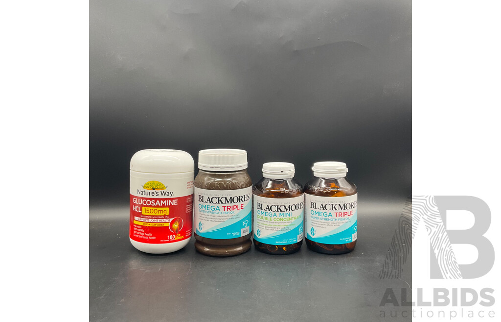 NATURE'S WAY Glucosamine HCL 1500mg 200tablets , BLACKMORES Omega Triple 150/60 Capsules BLACKMORES Omega Mini Lot of 4