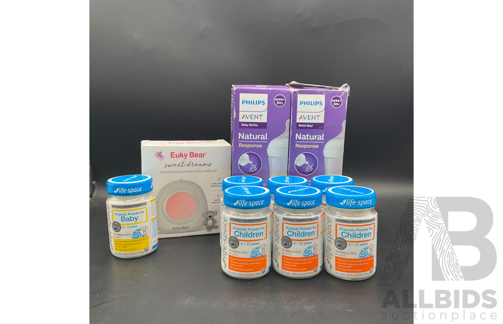 LIFE-SPACE Probiotic Powder , EUKY BEAR Sweet Dreams , PHILLIPS Baby Bottles Lot of 10