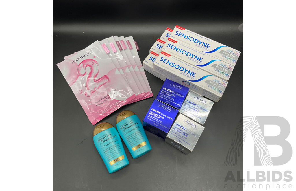 NUMBUZIN NO.2 MASK , OGX Conditioner , SENSODYNE Toothpaste , LACURA Night Cream , LACURA Day Cream , LOT of 18