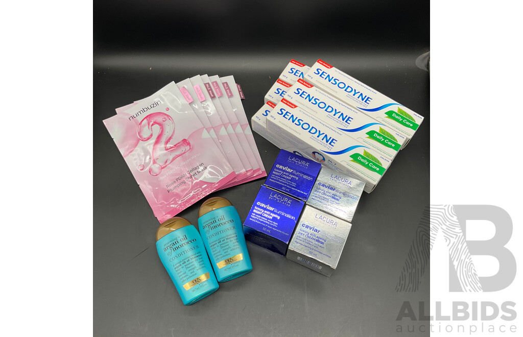 NUMBUZIN NO.2 MASK , OGX Conditioner , SENSODYNE Toothpaste , LACURA Night Cream , LACURA Day Cream , LOT of 18