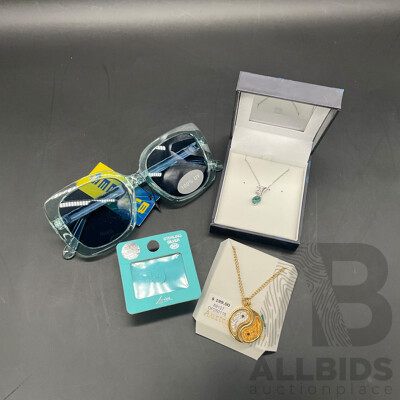 YIN YANG Gold Leaf Pendant 2 Part, Pendant Necklace, LOVISA Serling Silver Body Jewelry, Clear Crystal Blue Sunglasses - Lot of 4