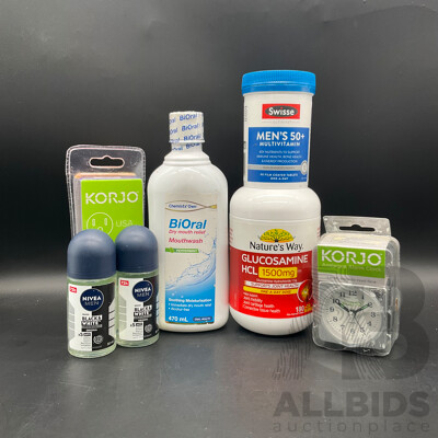 NATURE,S WAY Glucosamine HCL 1500MG 200Tablets , SWISSE MENS 50+ Multivitamin 90tablets , NIVEA MEN , BIORAL Mouthwash , KORJO Adaptor Set , KORJO Analogue Alarm Clock Lot of 7