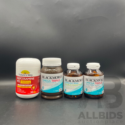 NATURE'S WAY Glucosamine HCL 1500mg 200tablets , BLACKMORES Omega Triple 150/60 Capsules BLACKMORES Omega Mini Lot of 4