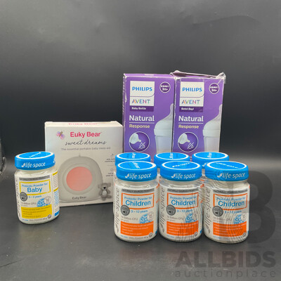 LIFE-SPACE Probiotic Powder , EUKY BEAR Sweet Dreams , PHILLIPS Baby Bottles Lot of 10