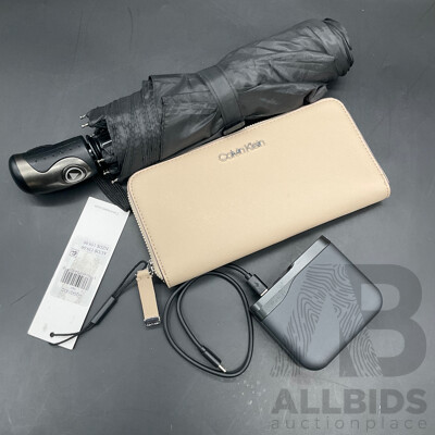 CALVIN KLEIN L Wallet, CYGNETT Power Bank, Umbrella - Lot of 3