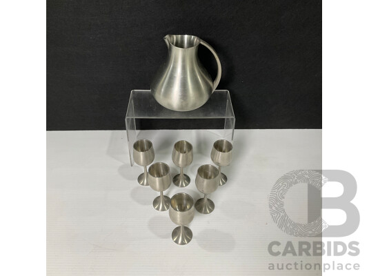 Selangor Pewter Pitcher and Six Matching Wine Goblets