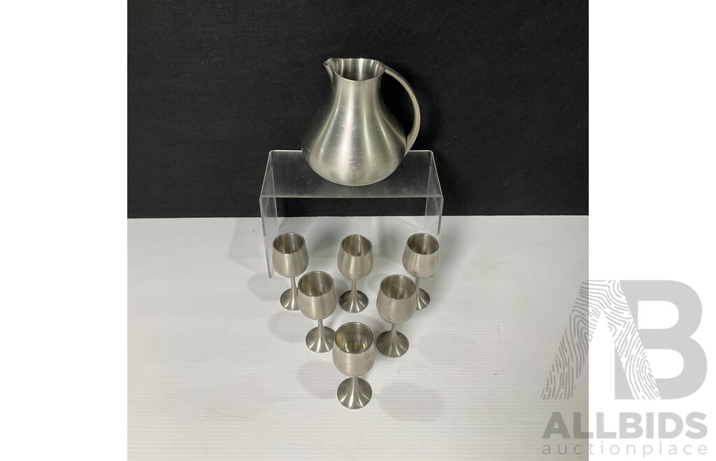 Selangor Pewter Pitcher and Six Matching Wine Goblets
