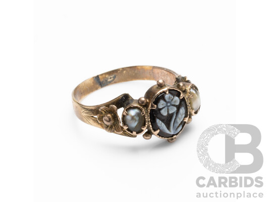 Vintage 9ct Yellow Gold Floral Ring with Cameo & Gray Pearls - Size I