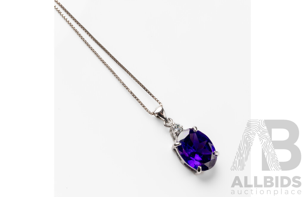 925 Sterling Silver Necklace with 18ct Gold Plated Silver Pendant with Synthetic Tanzanite & Cubic Zirconia. Length - 47.5cms