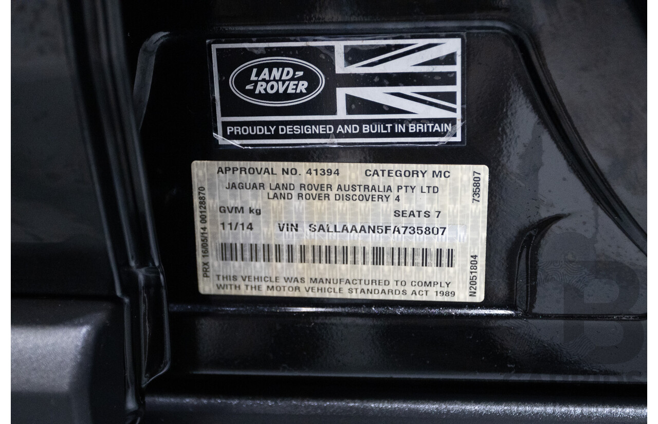 11/2014 Land Rover Discovery 3.0 TDV6 (4x4) MY15 4D Wagon Santorini Black Metallic Turbo Diesel 3.0L - 7 Seater