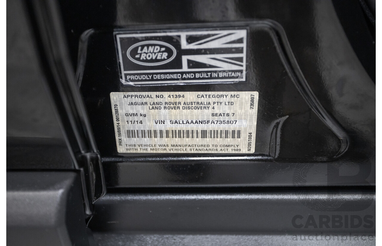 11/2014 Land Rover Discovery 3.0 TDV6 (4x4) MY15 4D Wagon Santorini Black Metallic Turbo Diesel 3.0L - 7 Seater
