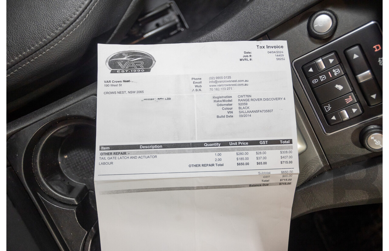 11/2014 Land Rover Discovery 3.0 TDV6 (4x4) MY15 4D Wagon Santorini Black Metallic Turbo Diesel 3.0L - 7 Seater