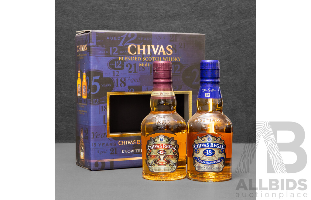 Chivas Regal 12 Year Old & 18 Year Old Gold Signature Blended Scotch Whisky Miniature Gift Set, 2 X 200ml with Presentation Box