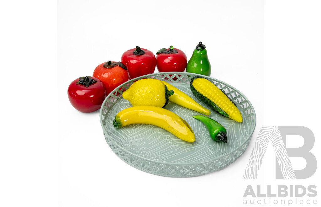Collection of Glass Fruit on Pierced Metal Platter