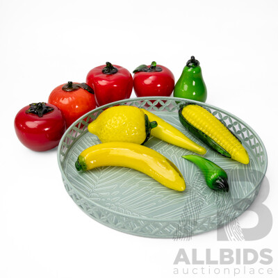 Collection of Glass Fruit on Pierced Metal Platter