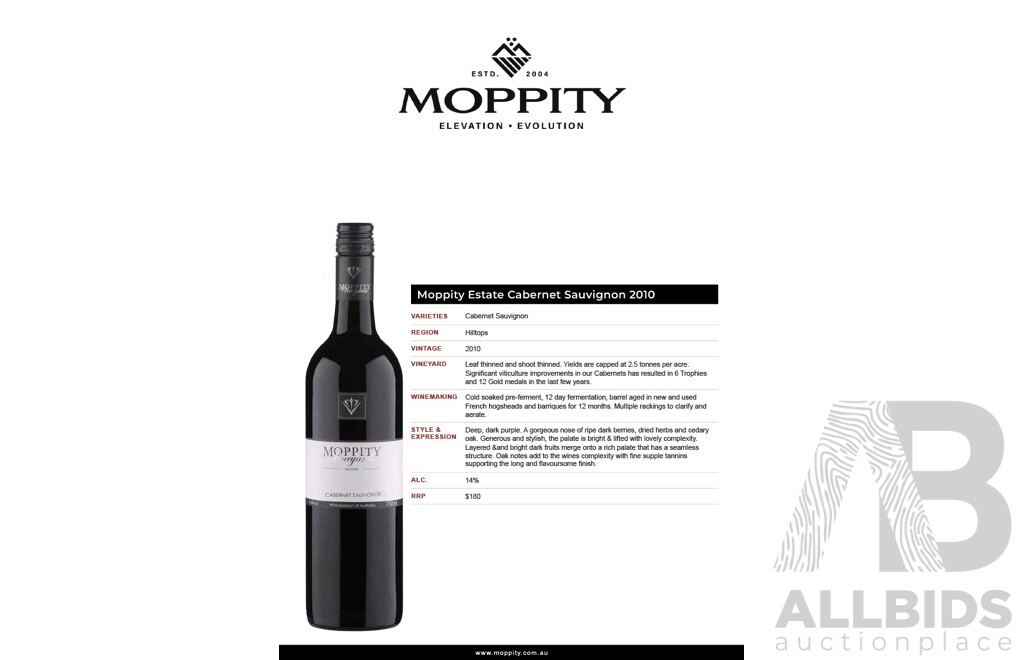 Moppity Estate Cabernet Sauvignon 2010 750ml - Case of 12 Bottles