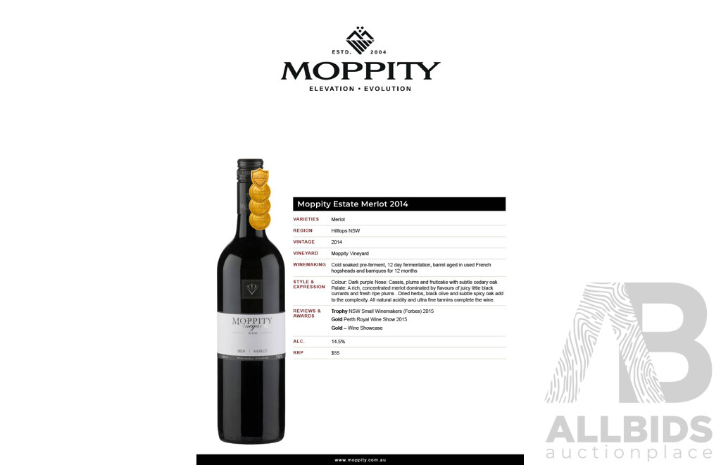Moppity Estate Merlot 2014 750ml - Case of 12 Bottles