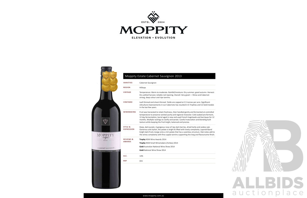 Moppity Estate Cabernet Sauvignon 2013 750ml - Case of 12 Bottles