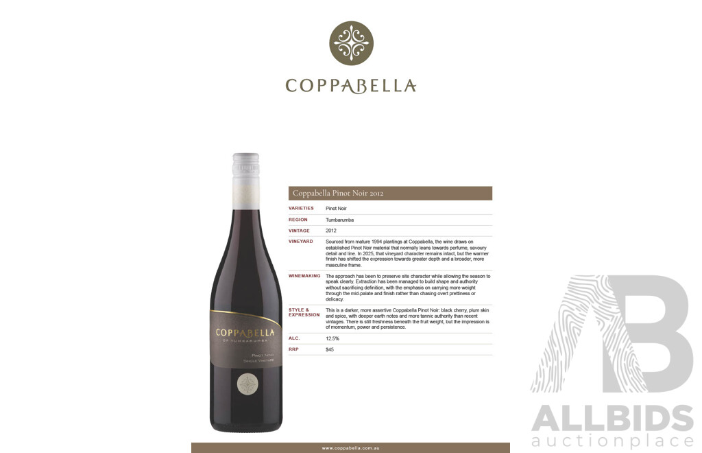 Coppabella Single Vineyard Pinot Noir 2012 750ml - Case of 12 Bottles
