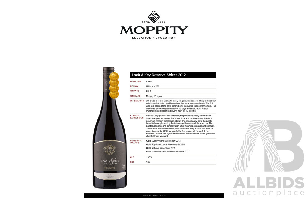 Lock & Key Reserve Shiraz 2012 750ml - Case of 12 Bottles