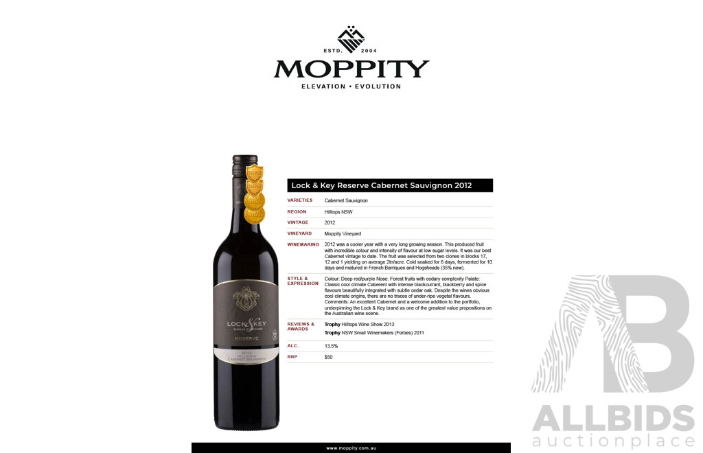 Lock & Key Reserve Cabernet Sauvignon 2012 750ml - Case of 12 Bottles