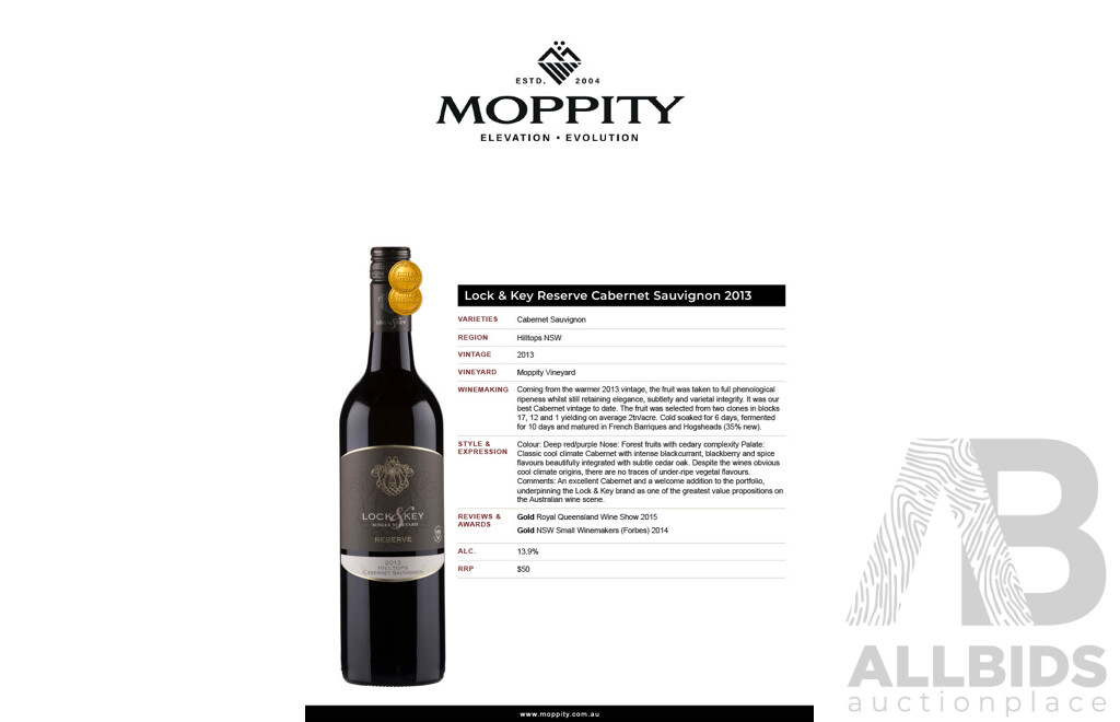 Lock & Key Reserve Cabernet Sauvignon 2013 750ml - Case of 12 Bottles