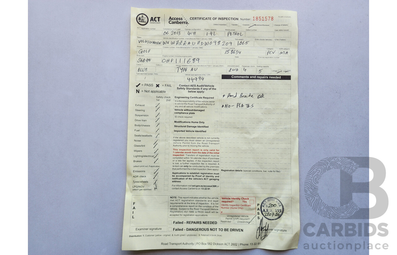 06/2013 Volkswagen Golf 103 TSI Highline AU 5d Hatchback Blue 1.4L