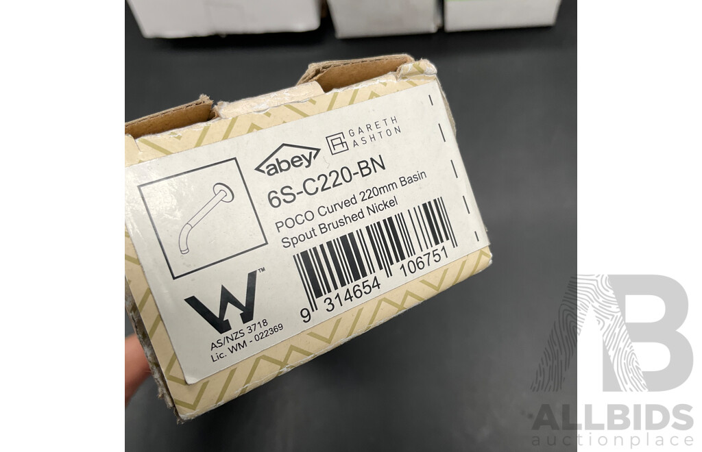 Assorted Bathroom Fixtures, Including PHOENIX Shower Wall Mixer, Point Drain Round Outlet, AMIO Basin Mixer and More - Lot of 6
