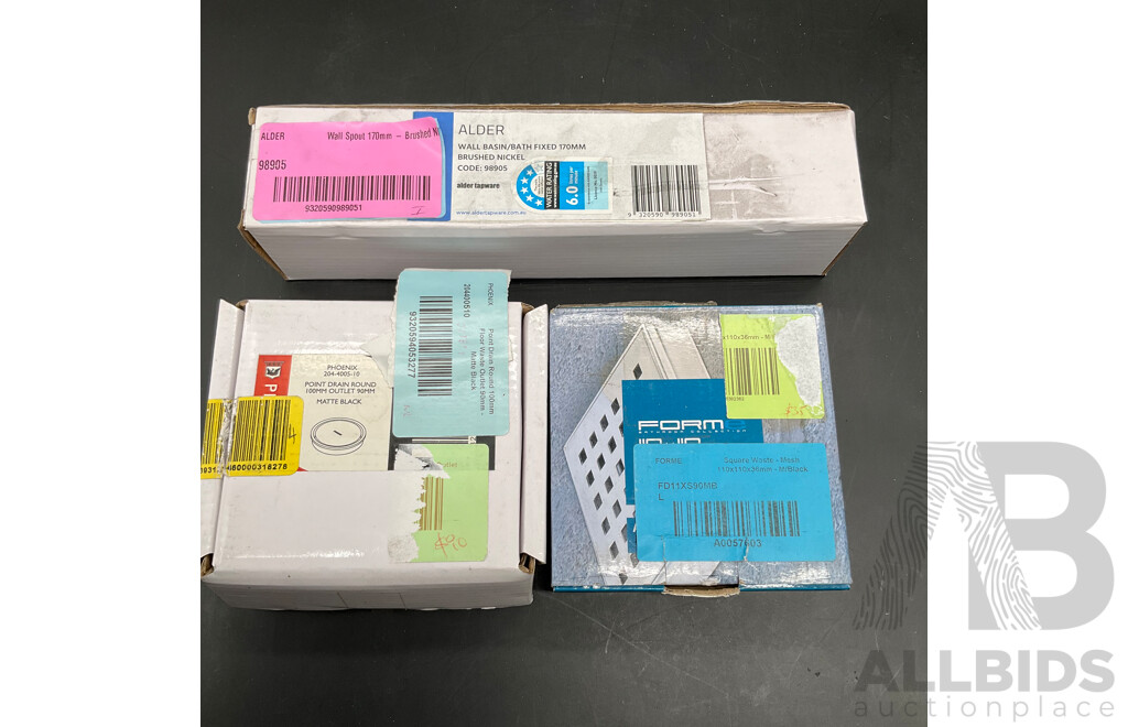 Assorted Bathroom Fixtures, Including CAROMA Tapware, PHOENIX Shower Wall Mixer, Point Drain Round Outlet and More - Lot of 7