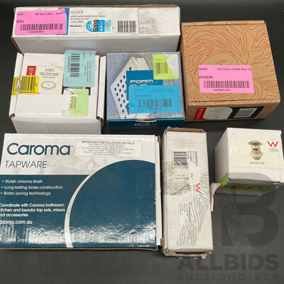 Assorted Bathroom Fixtures, Including CAROMA Tapware, PHOENIX Shower Wall Mixer, Point Drain Round Outlet and More - Lot of 7