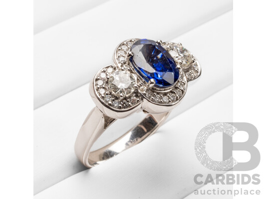 14ct White Gold Engagement Ring with Ceylon Sapphire & Diamonds with Valuation - Size N