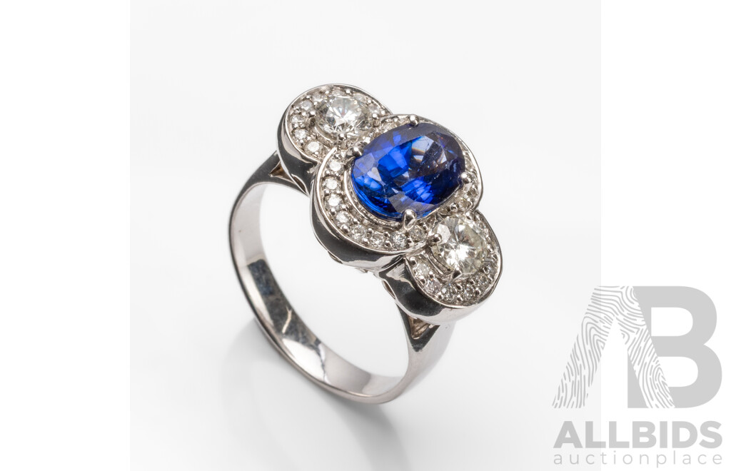 14ct White Gold Engagement Ring with Ceylon Sapphire & Diamonds with Valuation - Size N