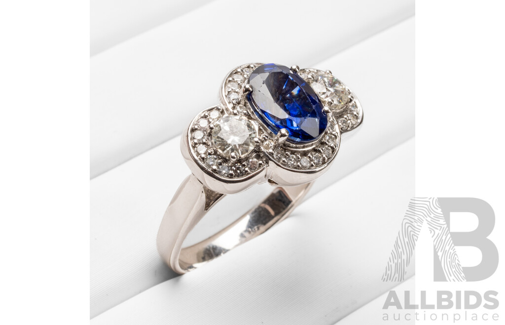 14ct White Gold Engagement Ring with Ceylon Sapphire & Diamonds with Valuation - Size N